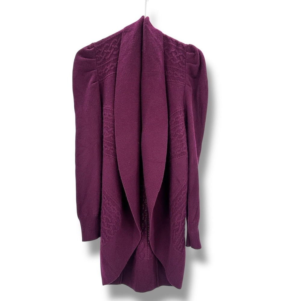 Jennie Liu 100% Cashmere Celine Cable Knit Puff Sleeve Open Cardigan Berry M NWT